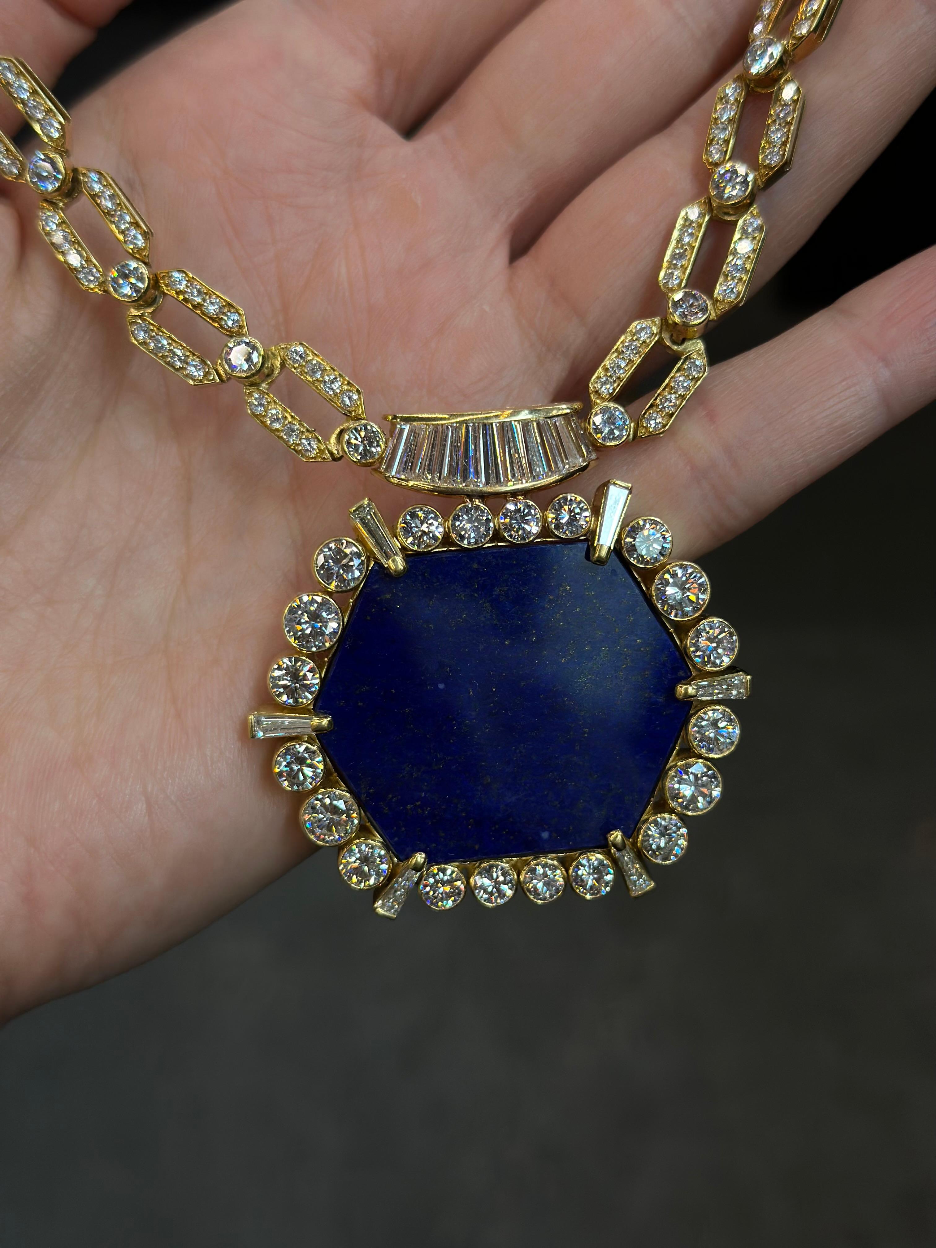Estate Vintage 18K Yellow Gold 1970's Diamond Lapis Chain Necklace For Sale 3