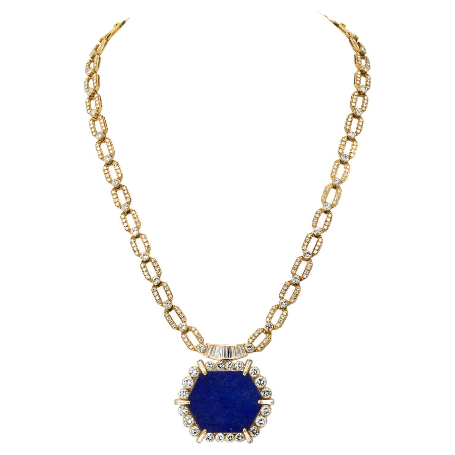 Estate Vintage 18K Yellow Gold 1970's Diamond Lapis Chain Necklace