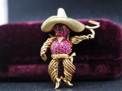 Estate Vintage 18K Yellow Gold Cowboy with Lasso Ruby Diamond Sapphire Brooch -