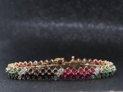 Estate Vintage 18K Yellow Gold Diamond Ruby Sapphire and Emerald Bracelet - VHK#
