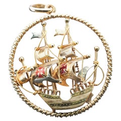 Estate Vintage 18K Yellow Gold Galleon Ship Pendant - VHK#112B