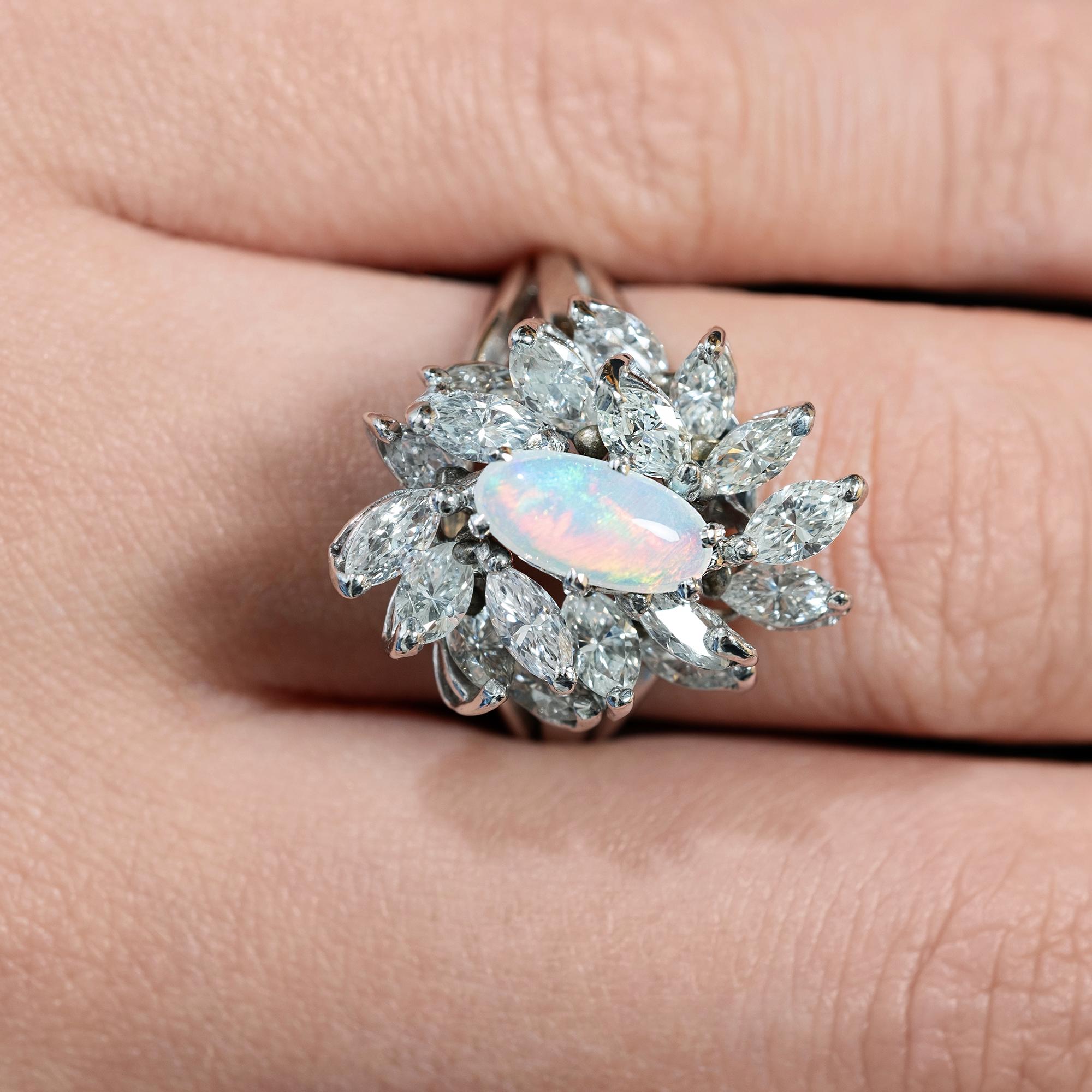 Vintage 3.47 Carat Australian Opal Diamond Cluster Cocktail Ballerina Plat Ring In Good Condition In New York, NY
