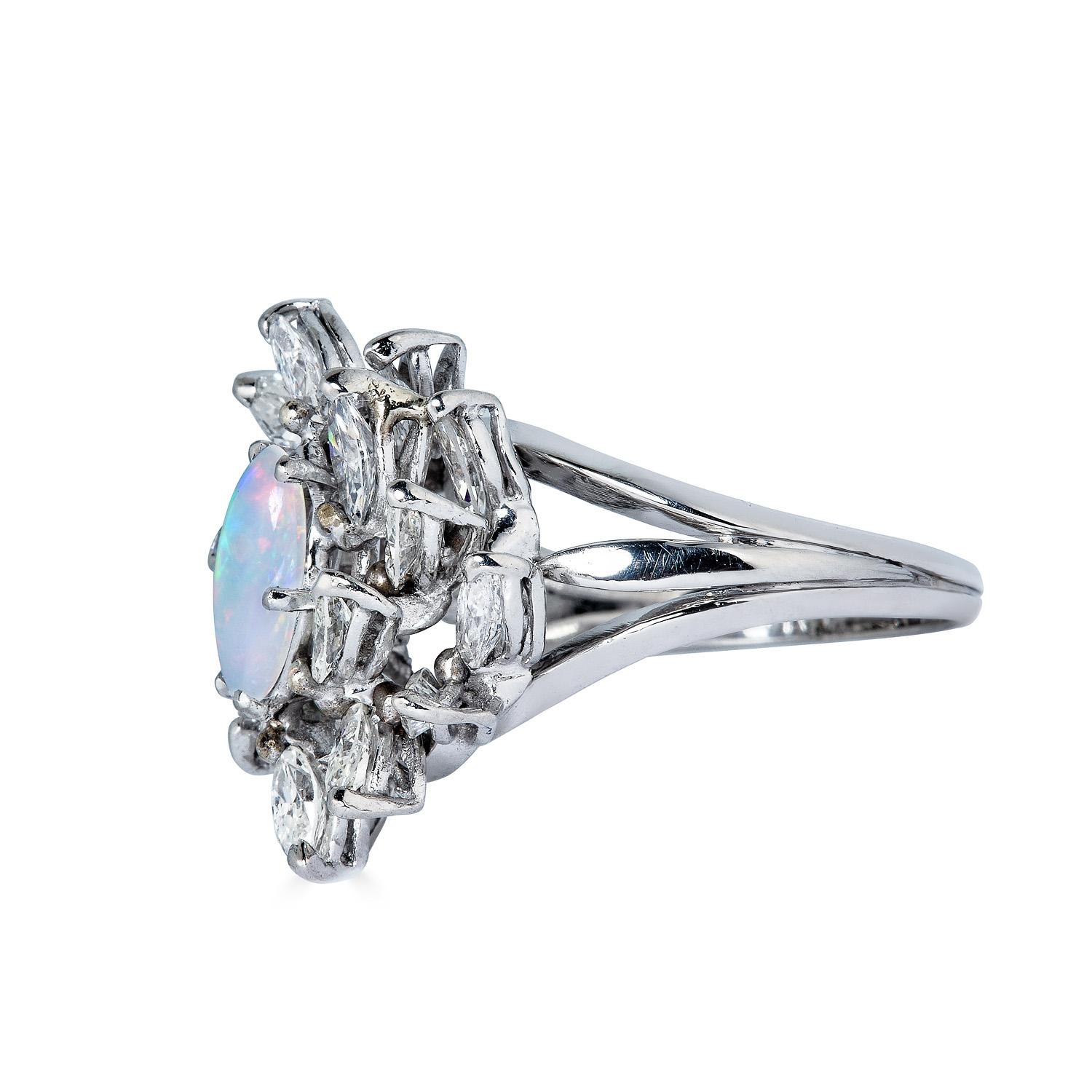 Oval Cut Vintage 3.47 Carat Australian Opal Diamond Cluster Cocktail Ballerina Plat Ring