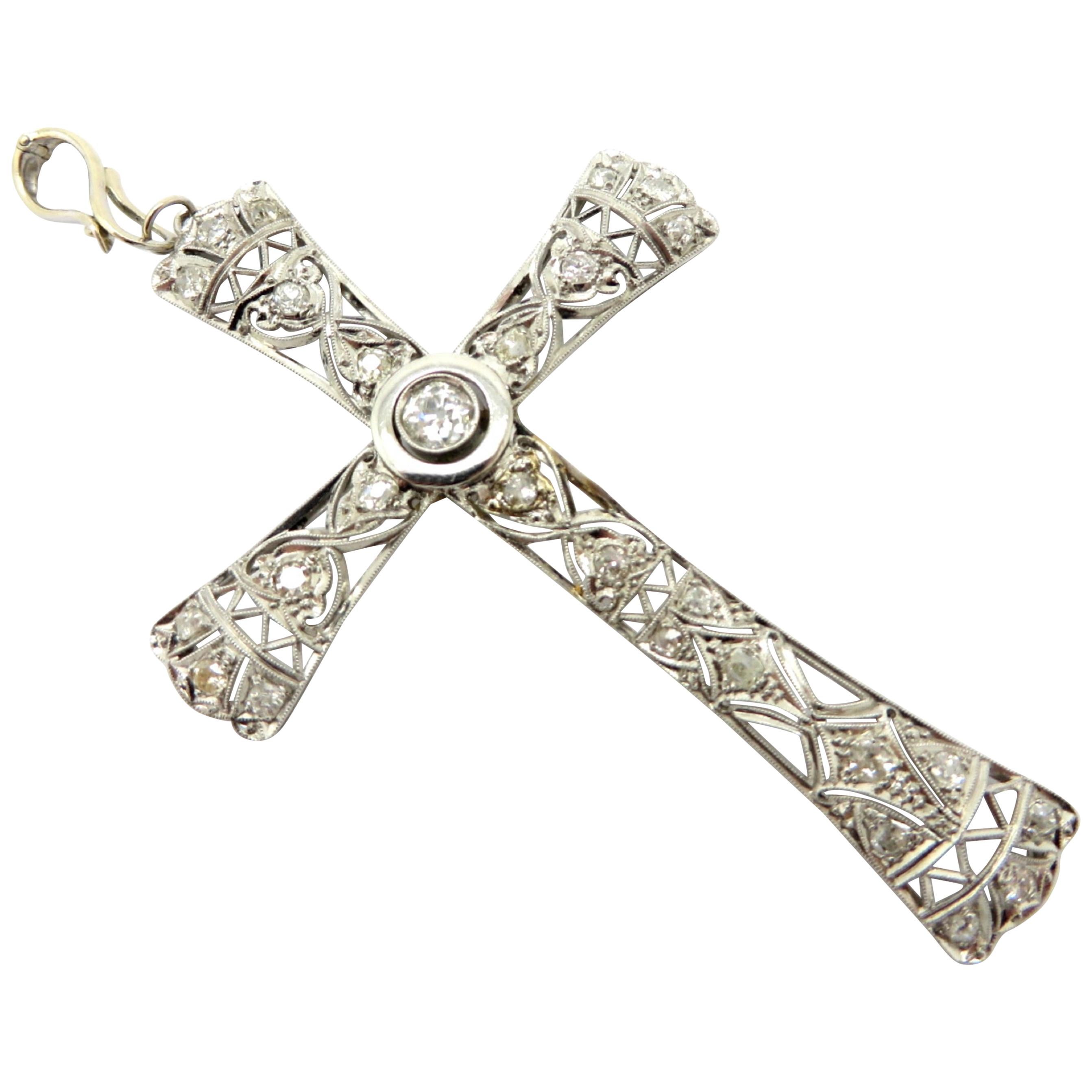 Estate Vintage Antique Art Deco Platinum Diamond Large Religious Cross Pendant