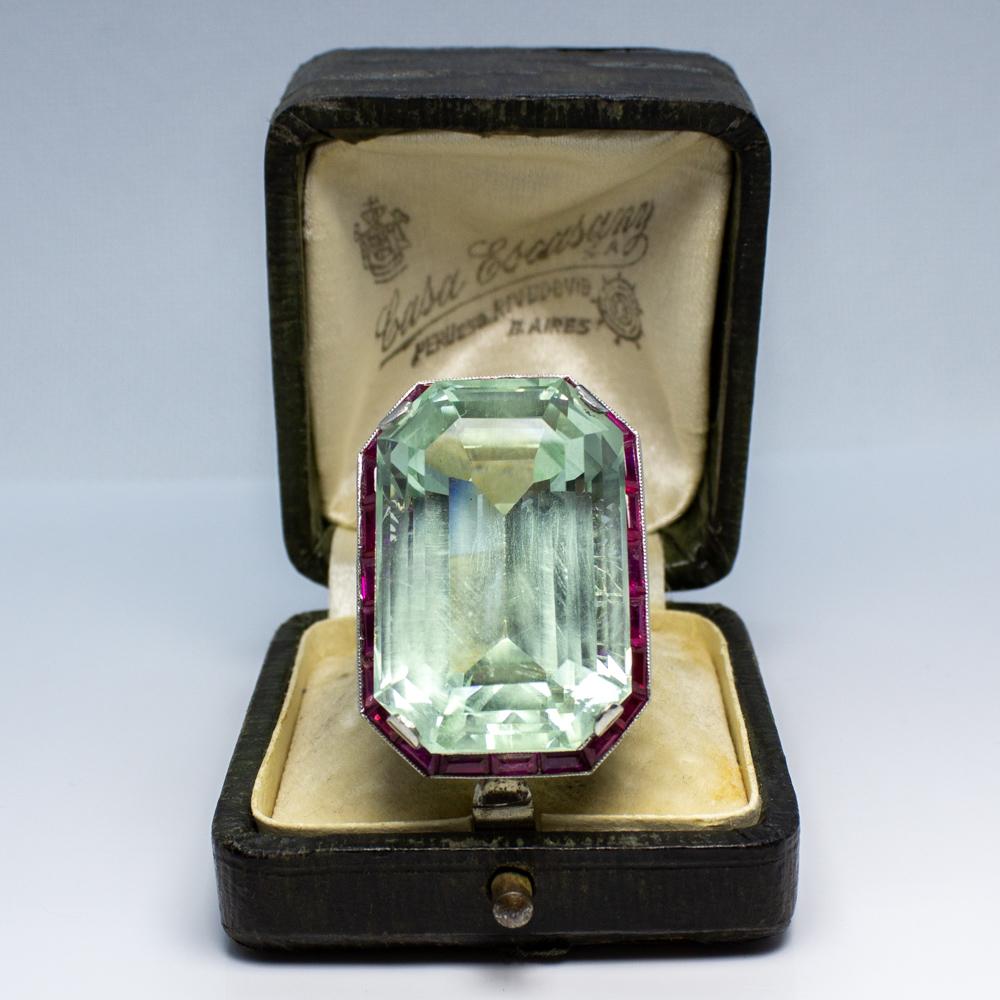 Emerald Cut Estate Vintage Antique Art Deco Platinum Ruby and Large Aquamarine Ring