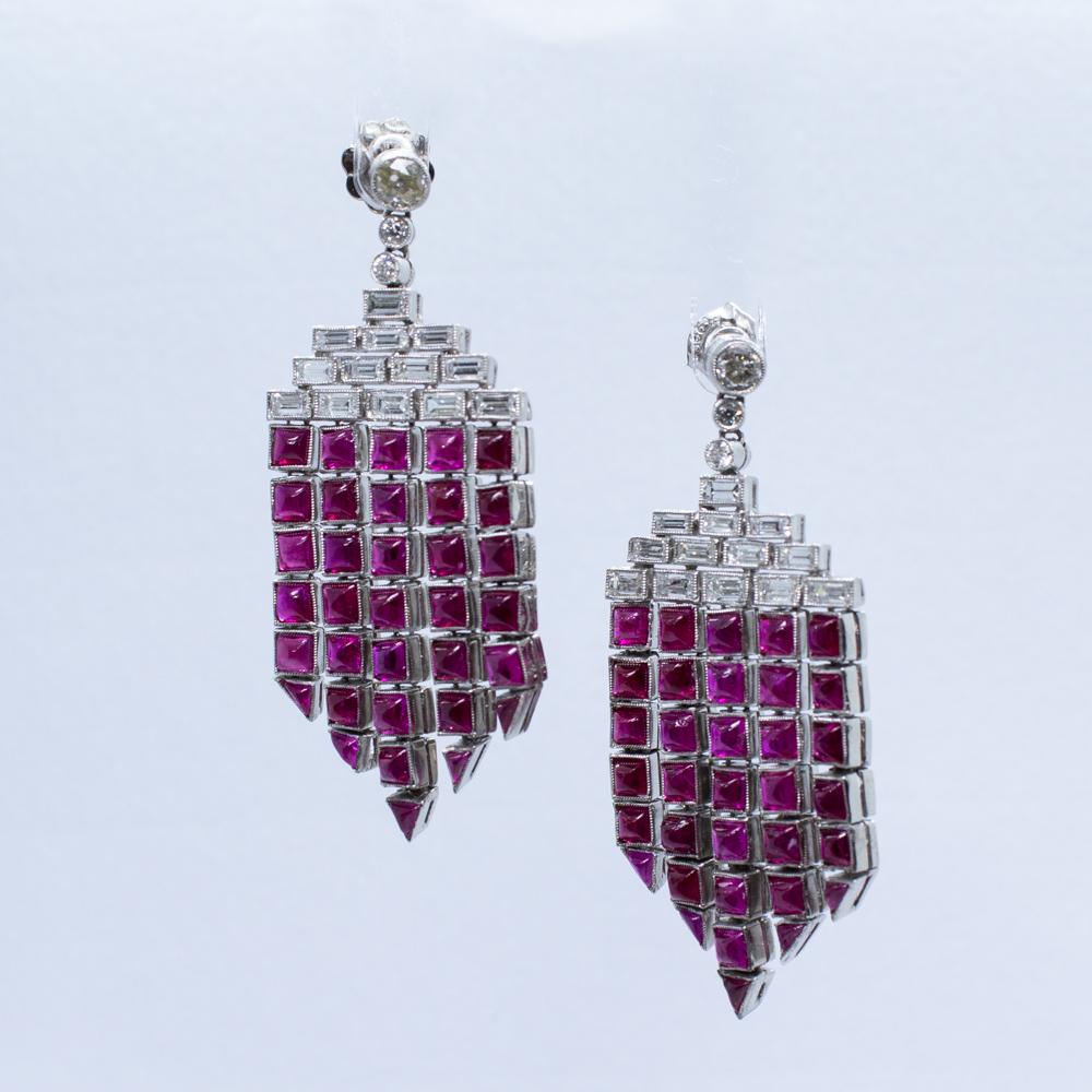 Estate Vintage Antique Art Deco Ruby and Diamond Platinum Chandelier Earrings In Excellent Condition For Sale In Scottsdale, AZ
