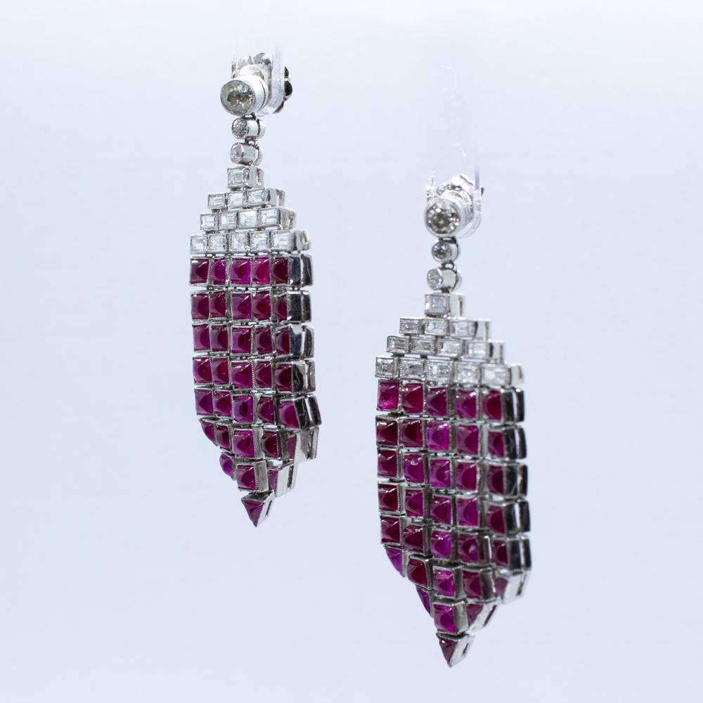 Women's Estate Vintage Antique Art Deco Ruby and Diamond Platinum Chandelier Earrings For Sale