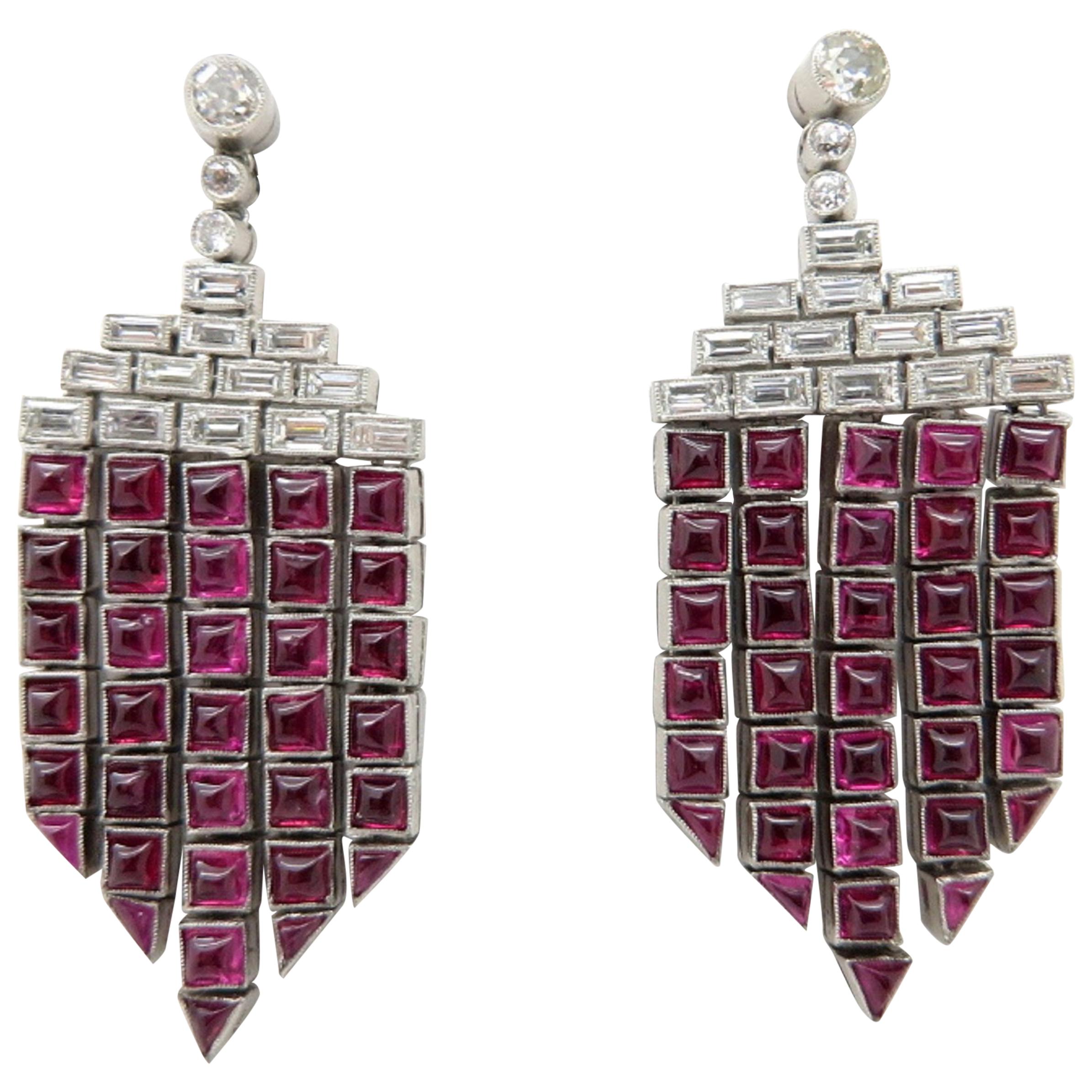 Estate Vintage Antique Art Deco Ruby and Diamond Platinum Chandelier Earrings