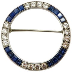 Estate Vintage Antique Diamond and Sapphire Platinum Circle Pin
