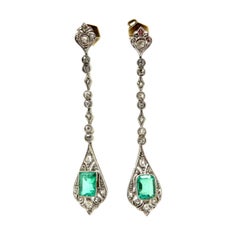 Estate Vintage Antique Edwardian Emerald and Rose Cut Diamond Dangle Earrings