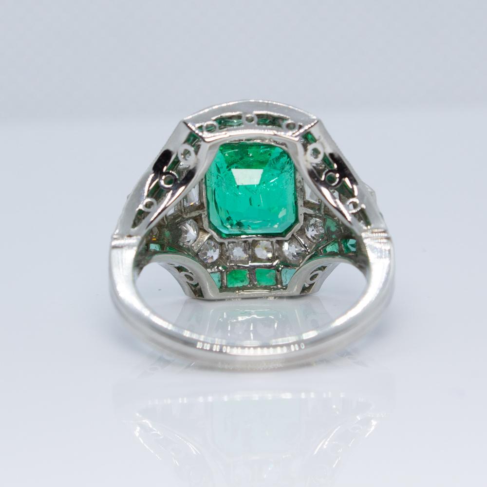 Emerald Cut Estate Vintage Antique Platinum Art Deco Columbian Emerald and Diamond Ring