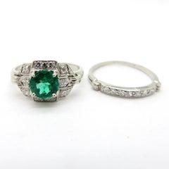 Estate Vintage Antique Platinum Diamond and Emerald Wedding Bridal Set