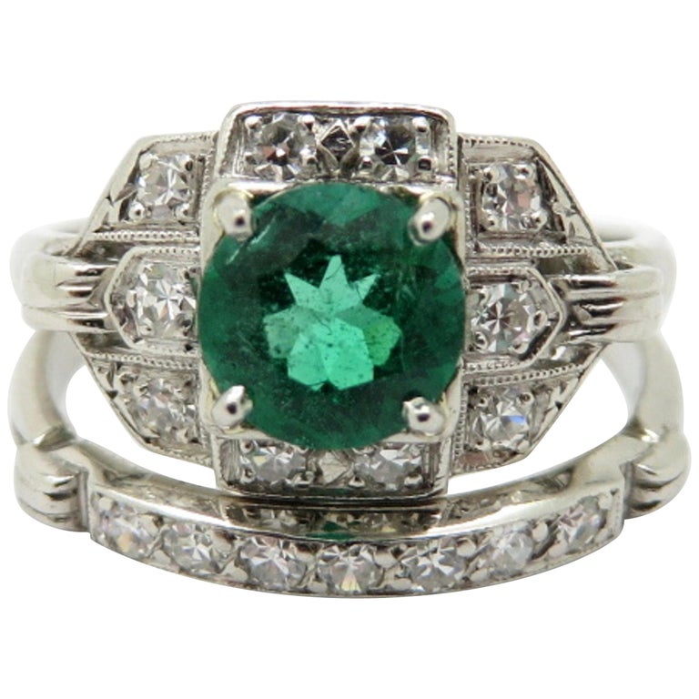 Estate Vintage Antique Platinum Diamond and Emerald Wedding Bridal Set