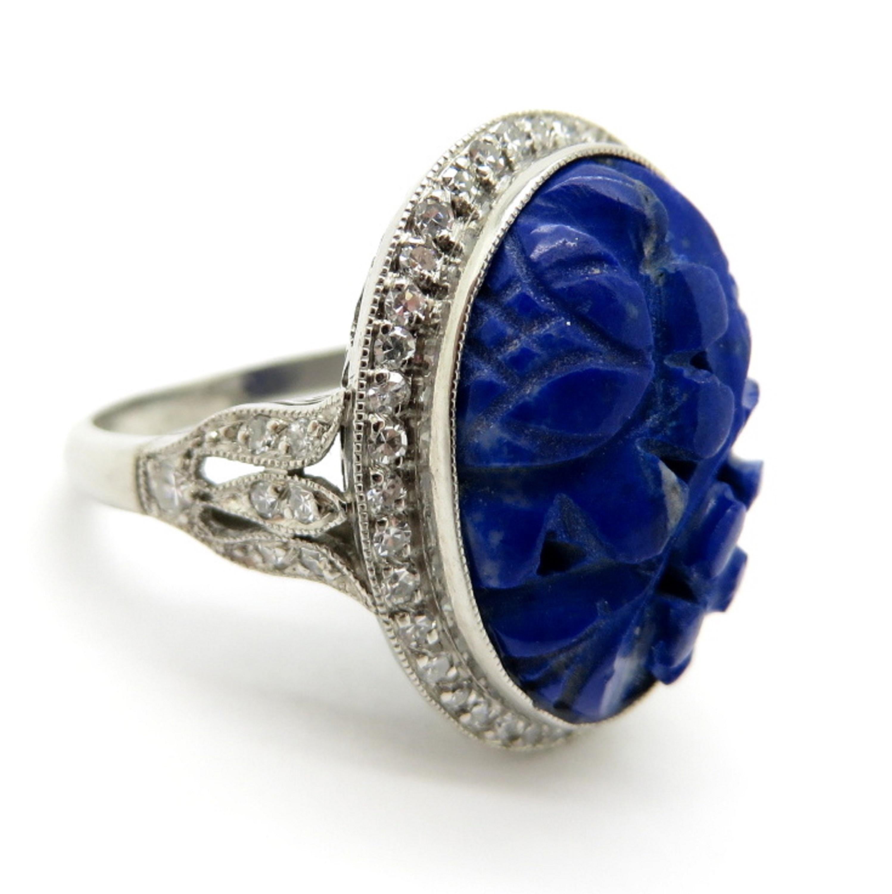 Oval Cut Estate Vintage Art Deco Platinum Lapis Lazuli Diamond Halo Ring