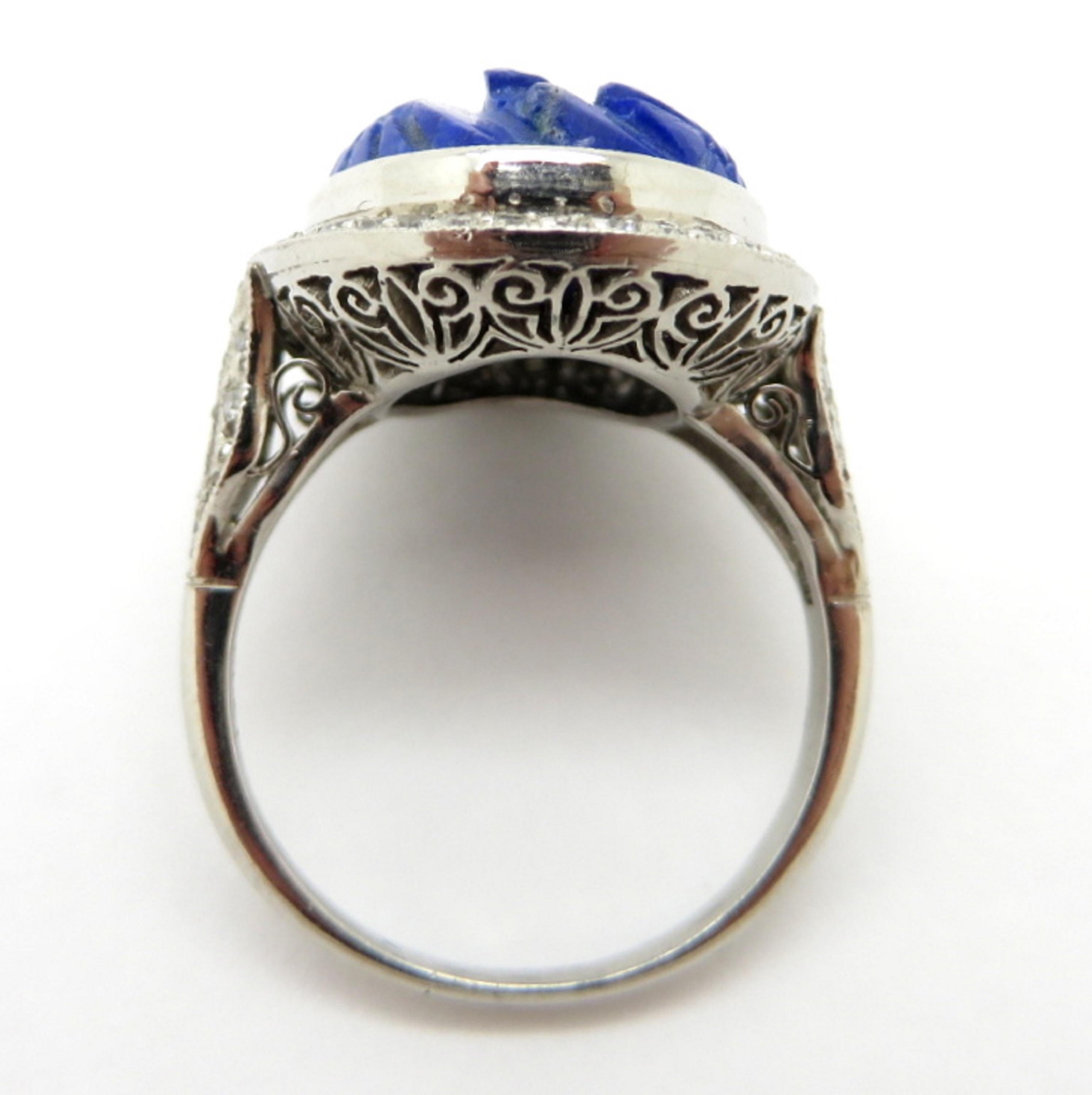 Estate Vintage Art Deco Platinum Lapis Lazuli Diamond Halo Ring In Excellent Condition In Scottsdale, AZ