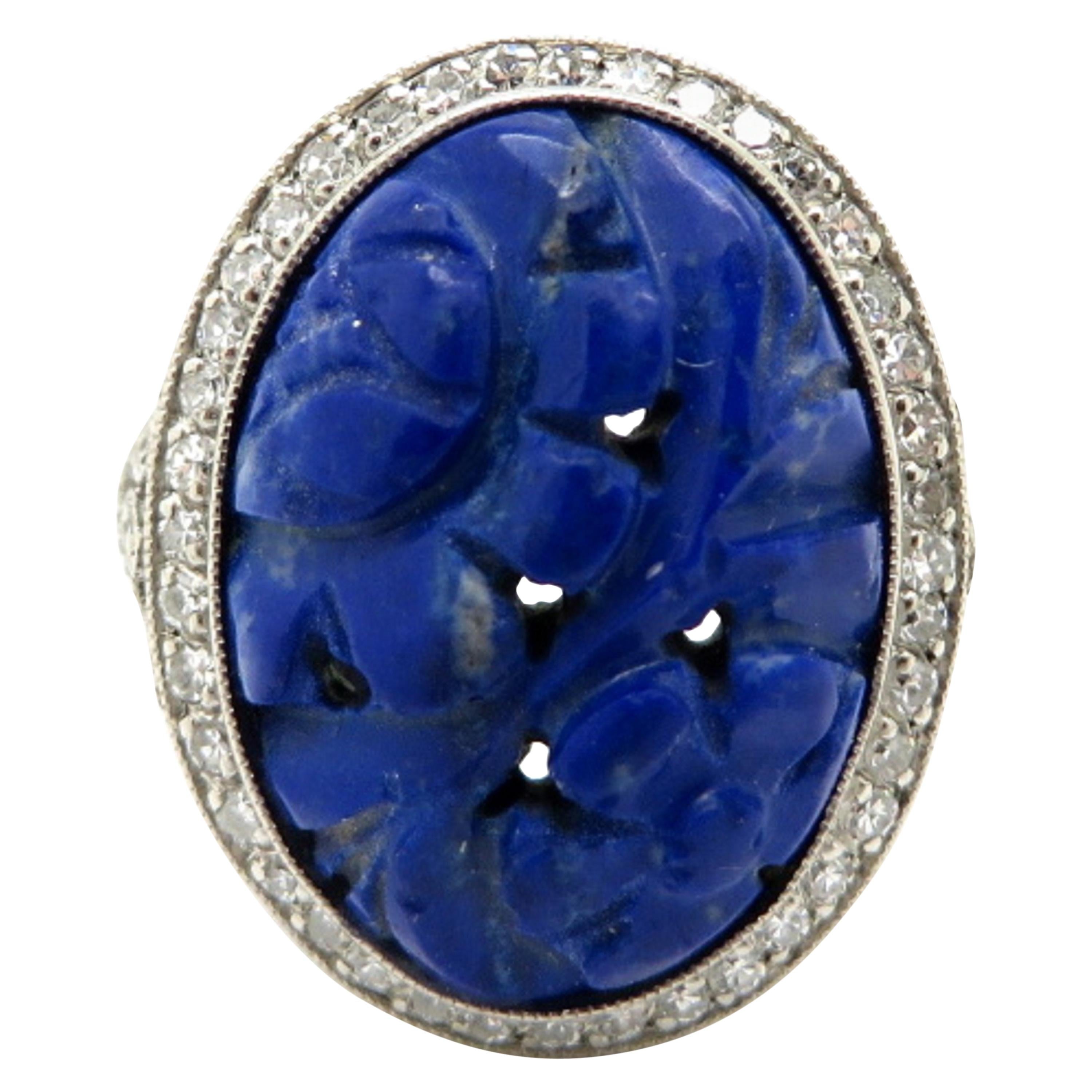 Estate Vintage Art Deco Platinum Lapis Lazuli Diamond Halo Ring