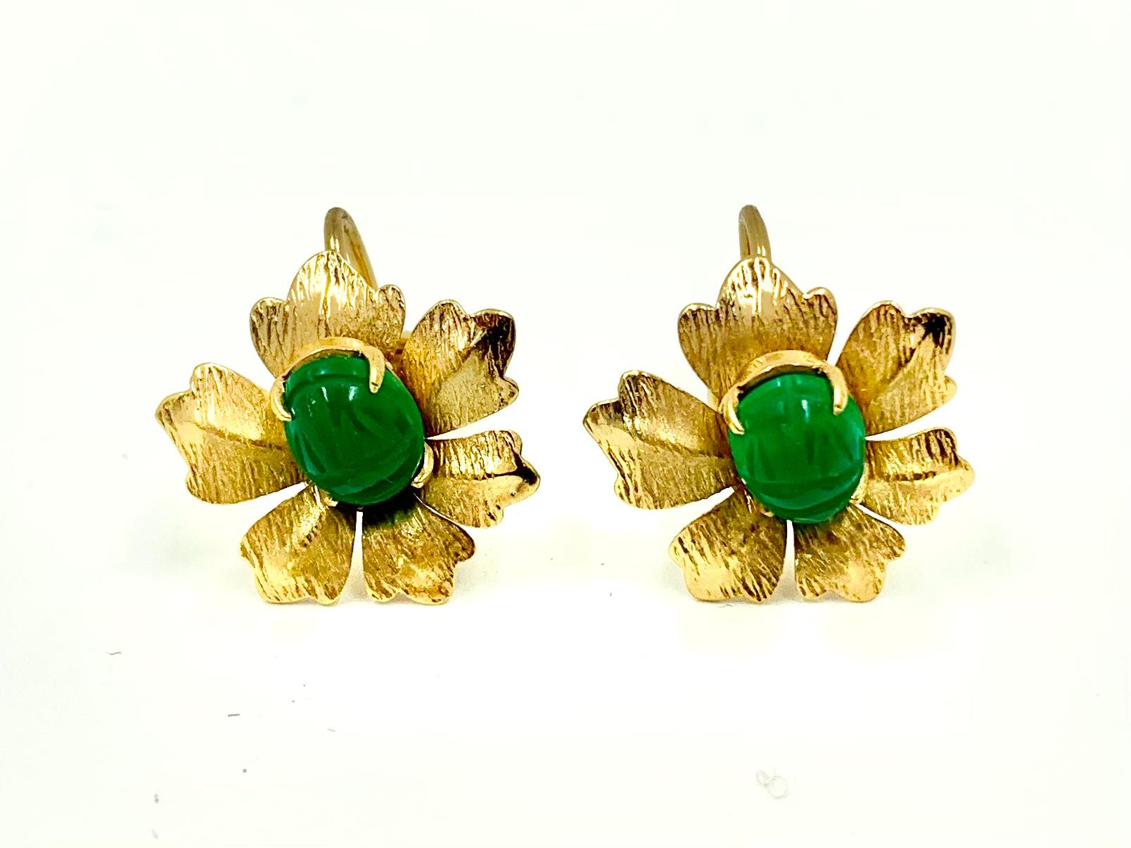 Women's or Men's Estate Vintage Carved Scarab Amulet Chrysoprase 14K Yellow Gold Flower Earrings For Sale