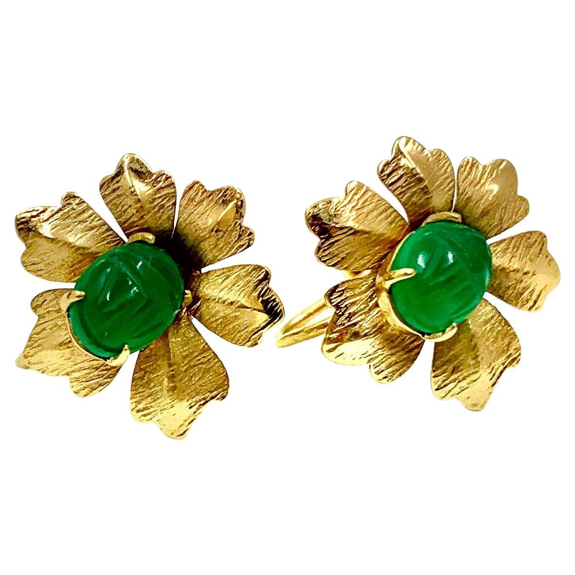 Estate Vintage Carved Scarab Amulet Chrysoprase 14K Yellow Gold Flower Earrings For Sale