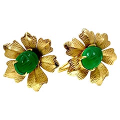 Estate Vintage Carved Scarab Amulet Chrysoprase 14K Yellow Gold Flower Earrings