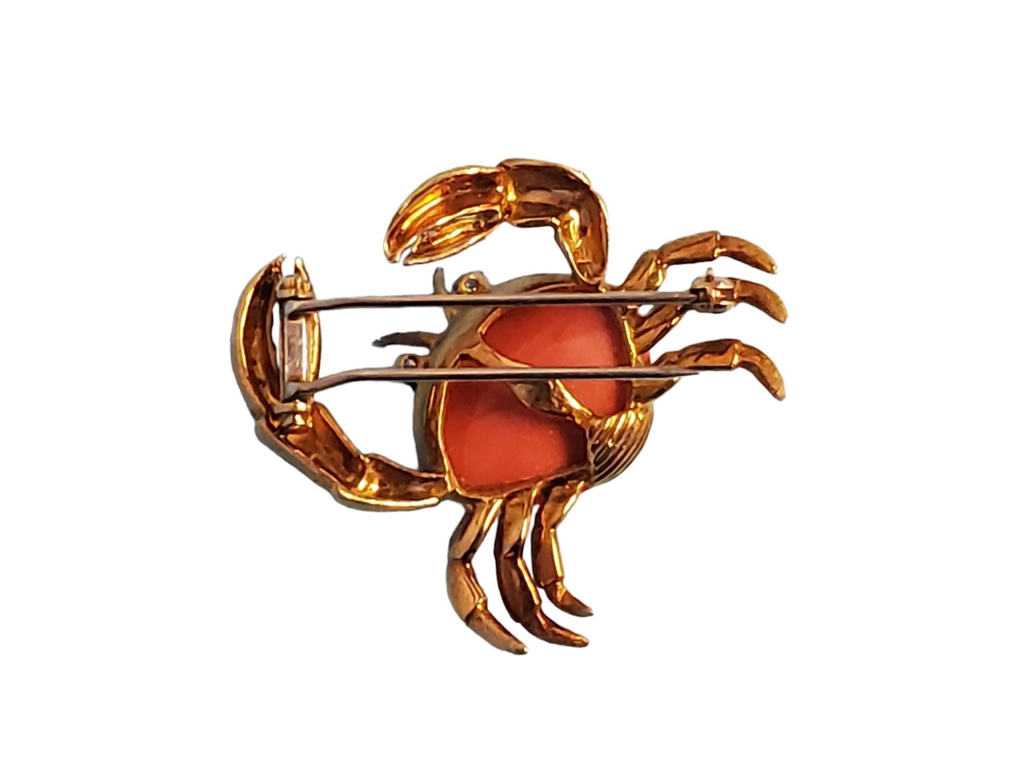 Estate Vintage Crab Brooch Pin 18k Yellow Gold Angel Skin Coral Body VS Diamonds For Sale 2