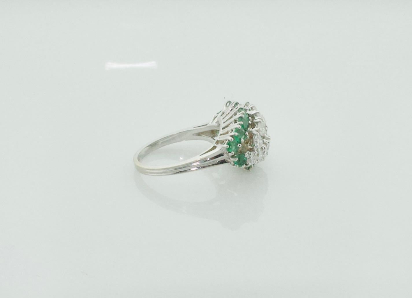 Round Cut Estate Vintage Emerald and Diamond Ring in 18k White Gold For Sale