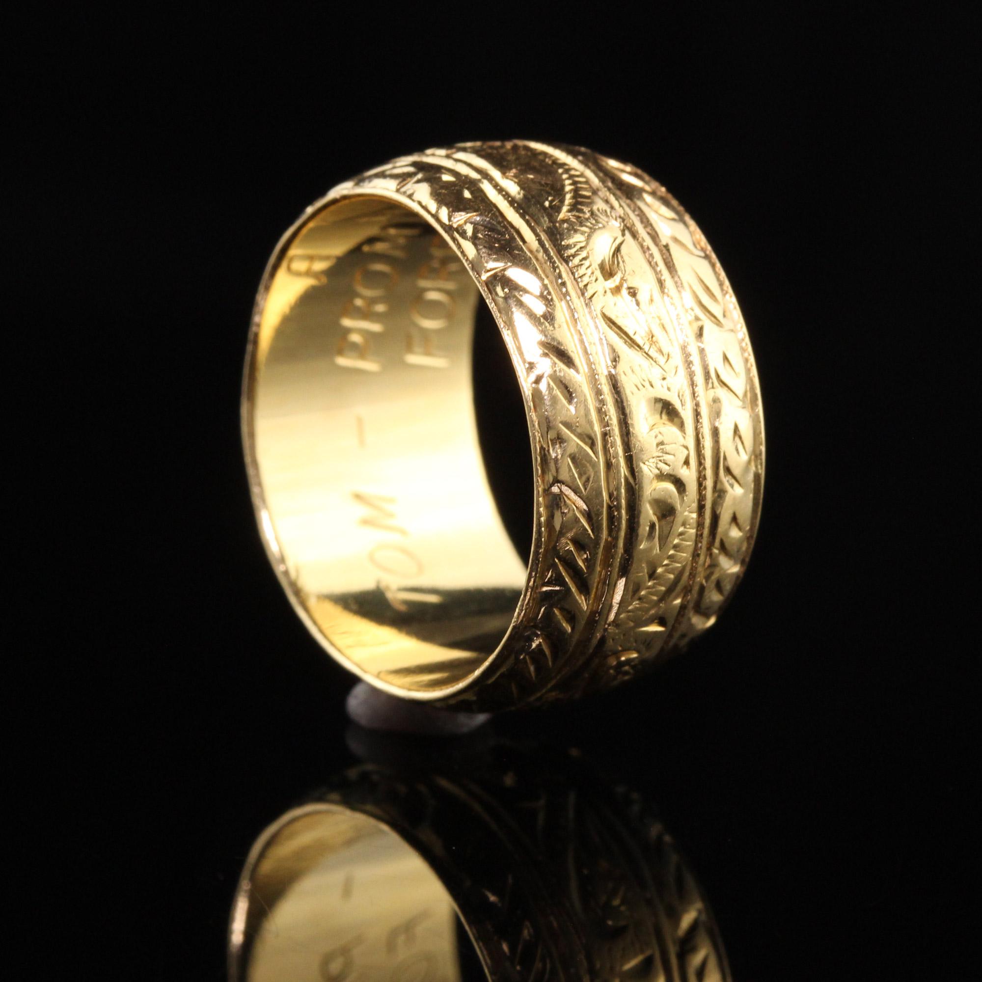 Retro Estate Vintage English 18K Yellow Gold Engraved Wide Wedding Band For Sale