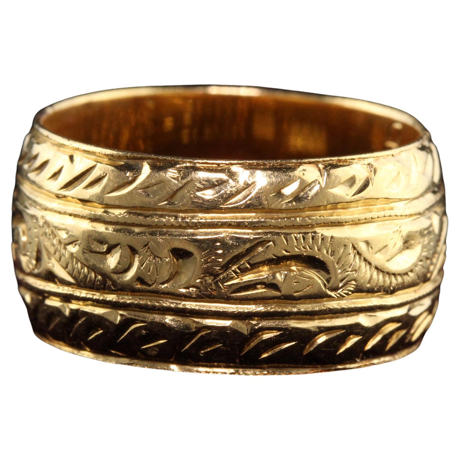 Estate Vintage English 18K Yellow Gold Engraved Wide Wedding Band For Sale