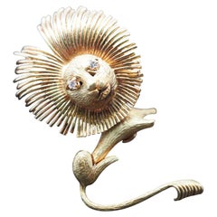 Estate Vintage French 18K Yellow Gold and Diamond Lion Brooch - VHK#115a