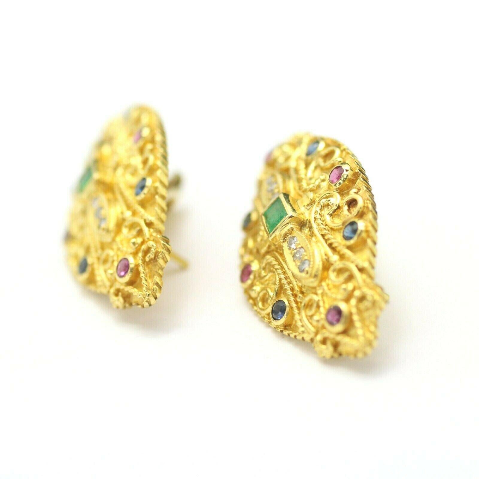 Contemporary Estate Vintage Gemstones and Diamond Clip on Earrings in 18k Yellow Gold