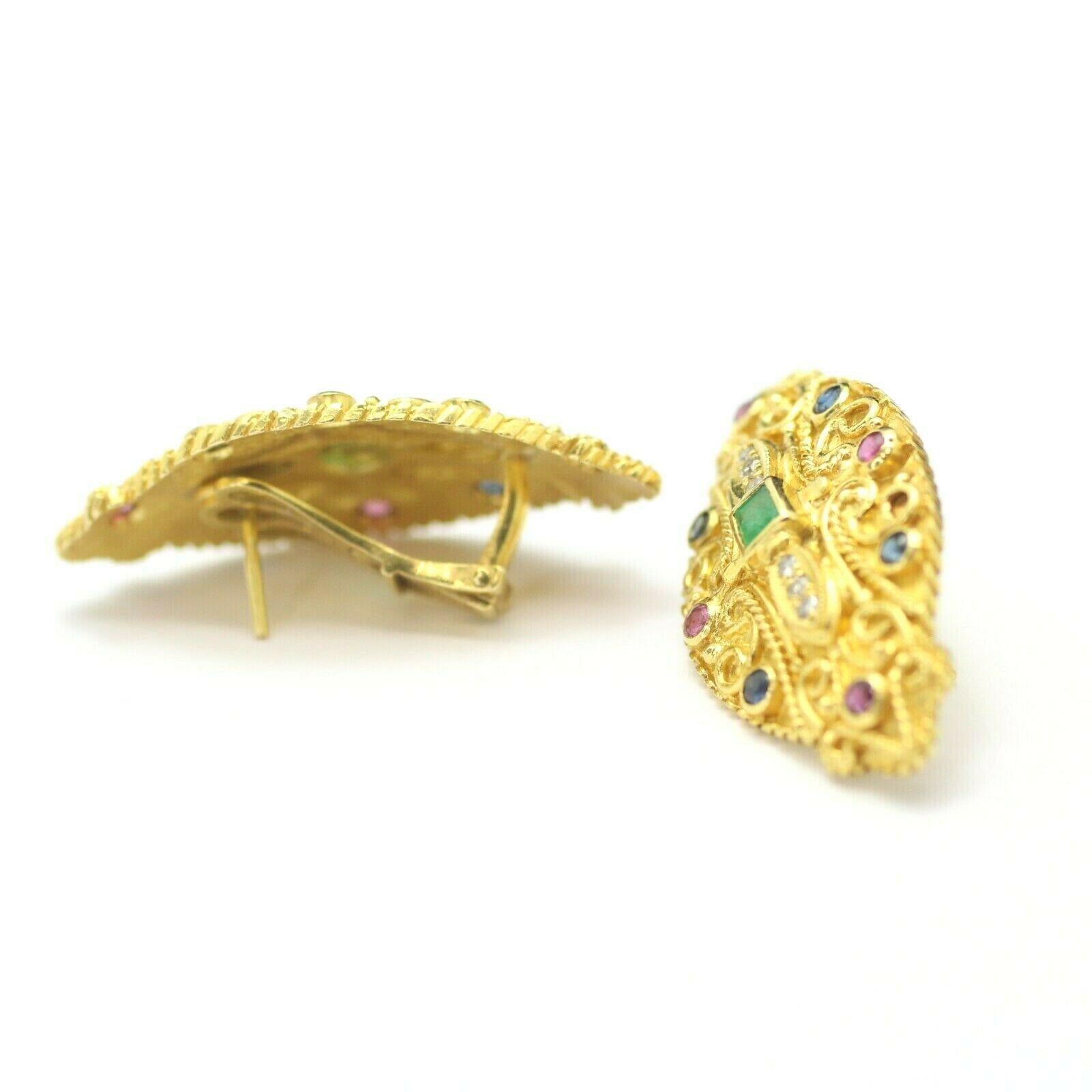 Round Cut Estate Vintage Gemstones and Diamond Clip on Earrings in 18k Yellow Gold