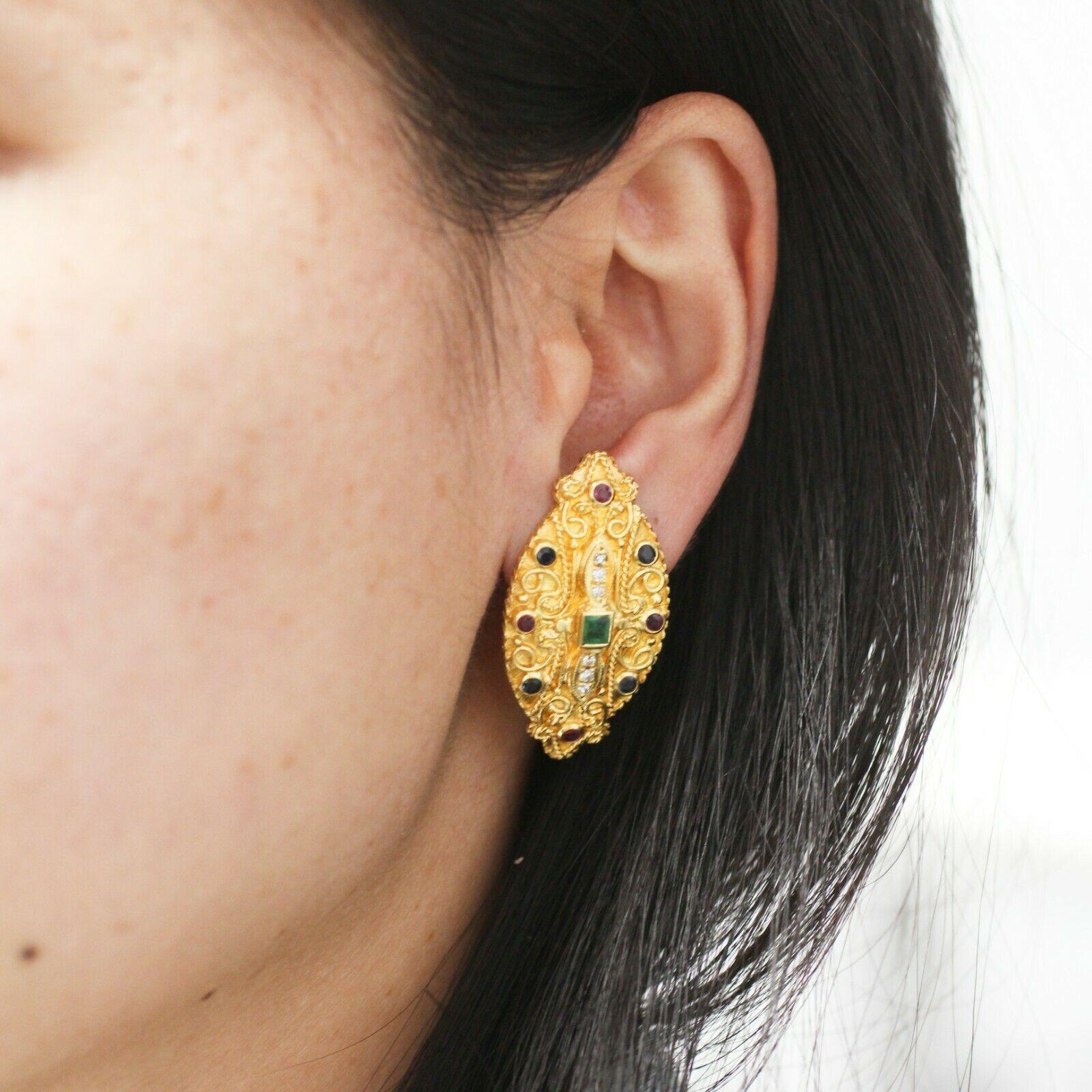 Women's or Men's Estate Vintage Gemstones and Diamond Clip on Earrings in 18k Yellow Gold