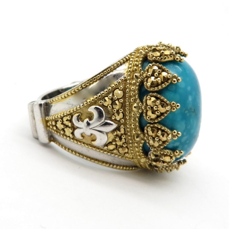 Estate Vintage Men’s Turquoise Fleur-de-Lis Sterling Silver and Gold Ring at 1stdibs