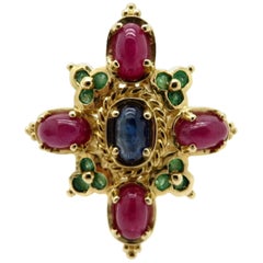 Estate Vintage Multi-Gemstone Emerald, Sapphire, Ruby 14 Karat Gold Ring