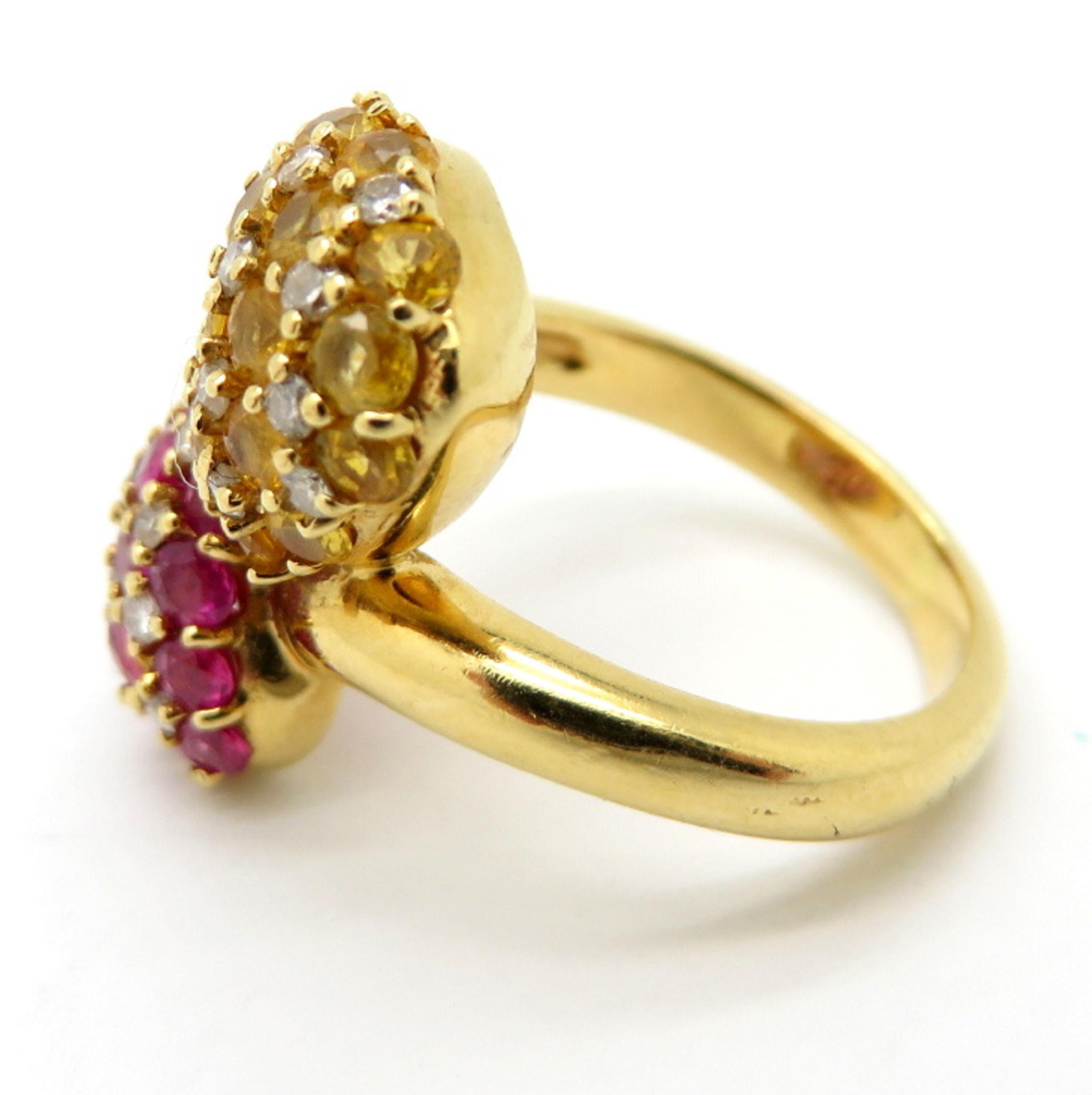 Round Cut Estate Vintage Pave Yellow Sapphire and Ruby Bypass 18 Karat Yellow Gold Ring For Sale