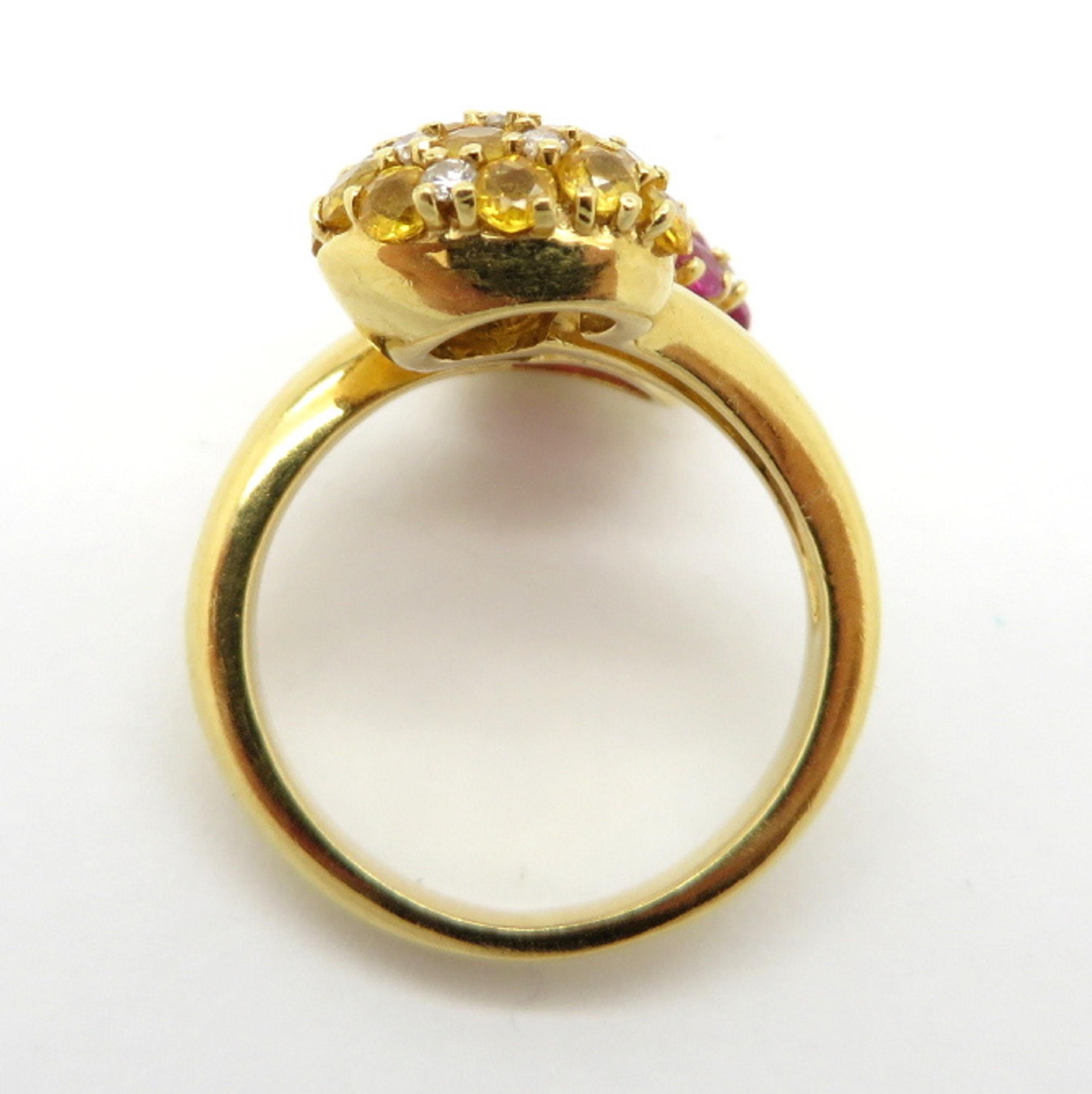 Estate Vintage Pave Yellow Sapphire and Ruby Bypass 18 Karat Yellow Gold Ring In Excellent Condition For Sale In Scottsdale, AZ