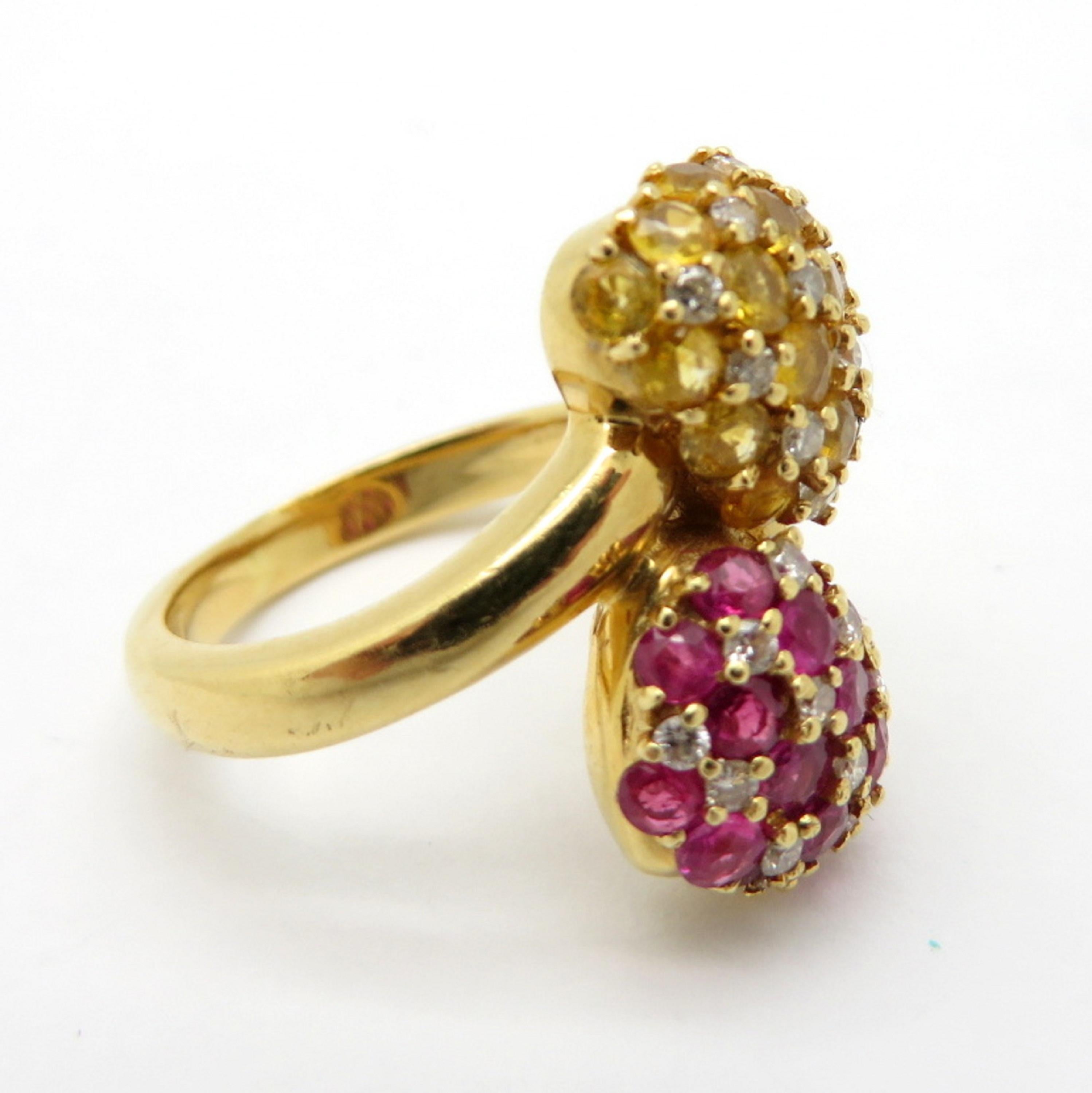Women's Estate Vintage Pave Yellow Sapphire and Ruby Bypass 18 Karat Yellow Gold Ring For Sale
