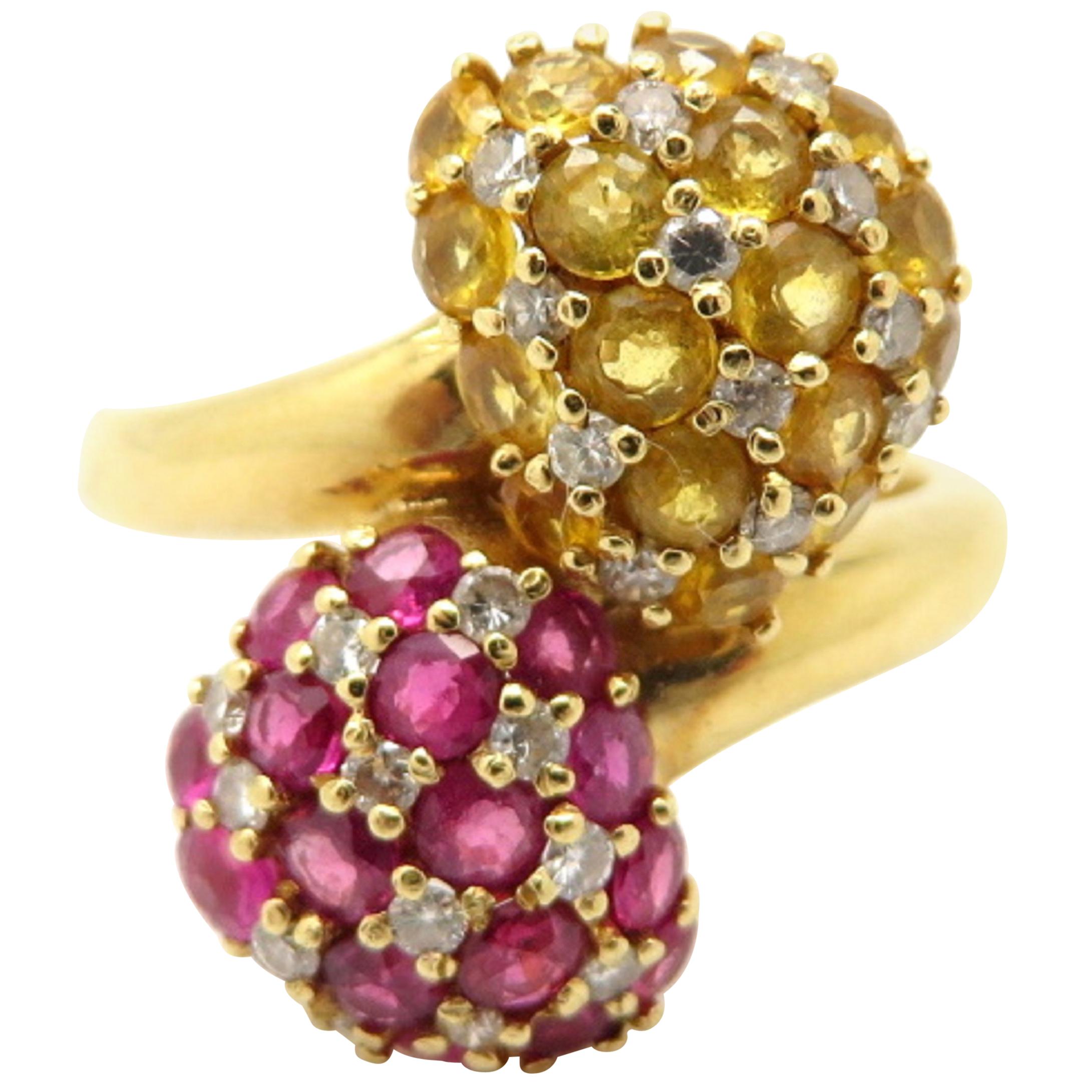 Estate Vintage Pave Yellow Sapphire and Ruby Bypass 18 Karat Yellow Gold Ring For Sale