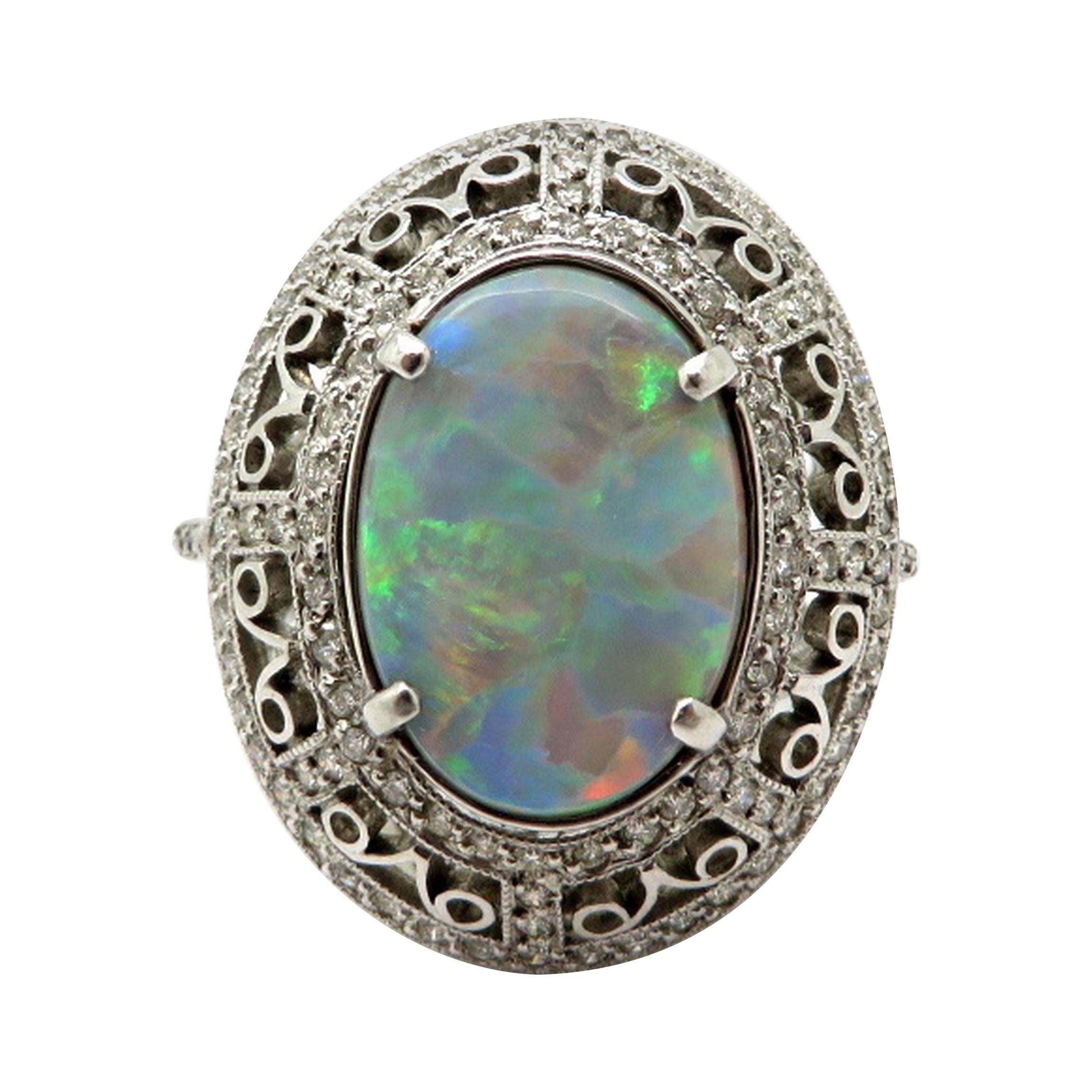 Nachlass Vintage Platin 2,03 Schwarzer Opal Diamant Halo Ring
