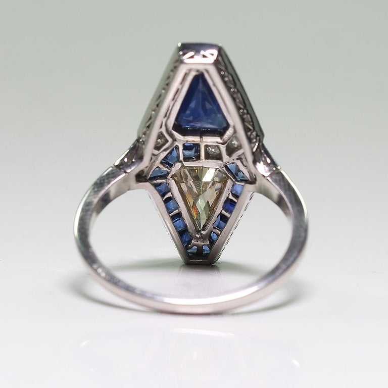 Estate Vintage Platinum Art Deco Diamond and Sapphire Ring For Sale at
