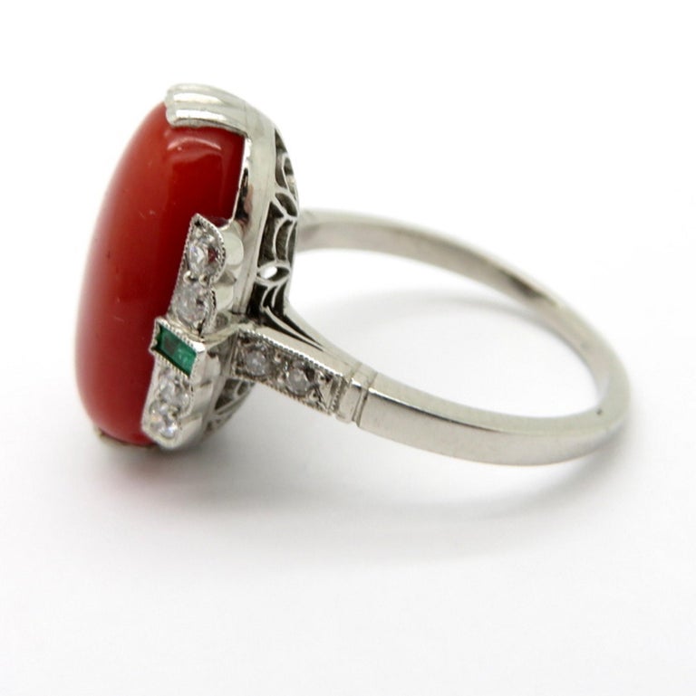 Estate Vintage Platinum Coral Diamond And Emerald Art Deco Ring For Sale At 1stdibs
