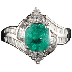 Estate Vintage Platinum Diamond and Colombian Emerald Ring