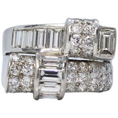 Estate Vintage Platinum Round and Baguette Bypass Ring