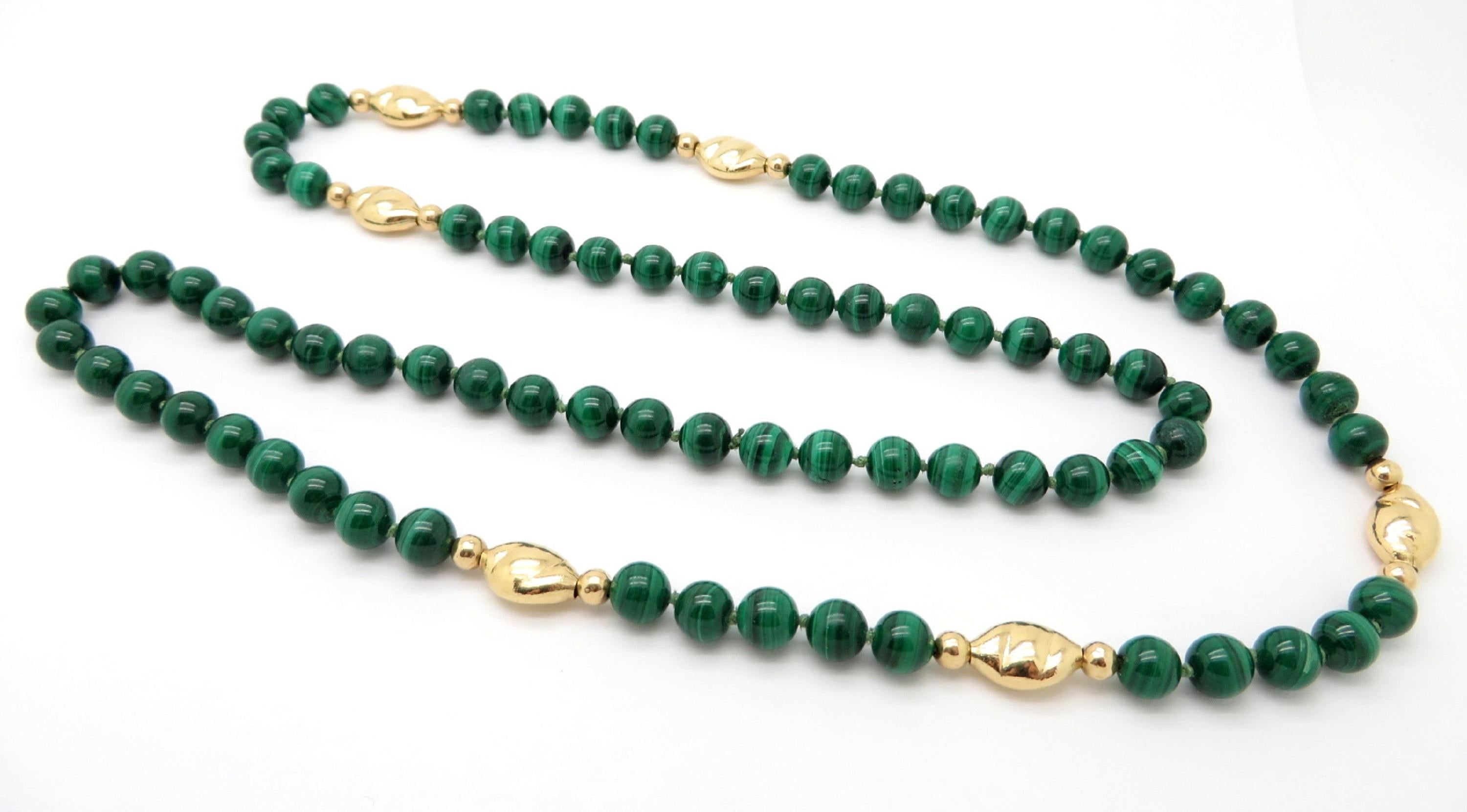 Women's Estate Vintage Round Malachite Beaded Necklace Chain with 14 Karat Gold Beads