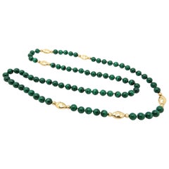 Estate Vintage Round Malachite Beaded Necklace Chain with 14 Karat Gold Beads
