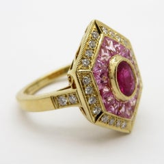 Estate Vintage Ruby, Pink Sapphire and Diamond 18 Karat Yellow Gold Shield Ring