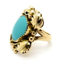 Estate Vintage Sleeping Beauty Turquoise Designer JT Ring 14 Karat Yellow Gold