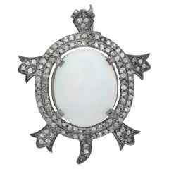 Estate Vintage Victorian Style Diamond Opal Turtle Brooch Pin Made in 925 Silver
