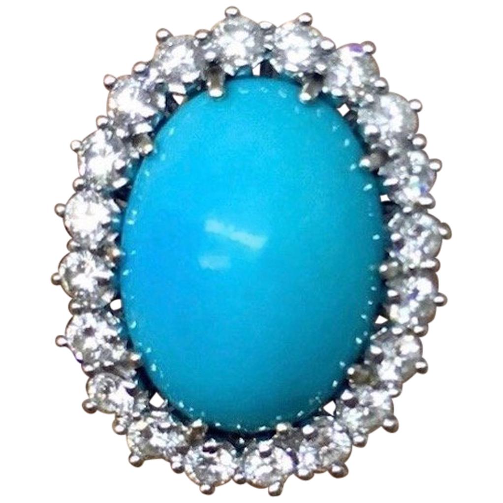 Estate VS Diamond Halo Turquoise Cocktail Ring For Sale