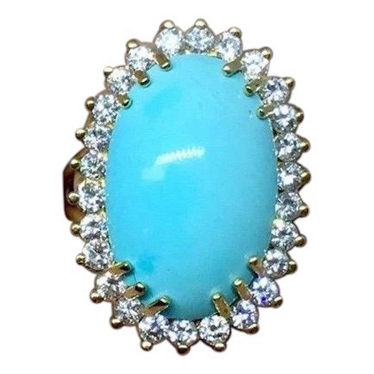 Estate VS Diamond Turquoise Cabochon Statement Cocktail Ring For Sale