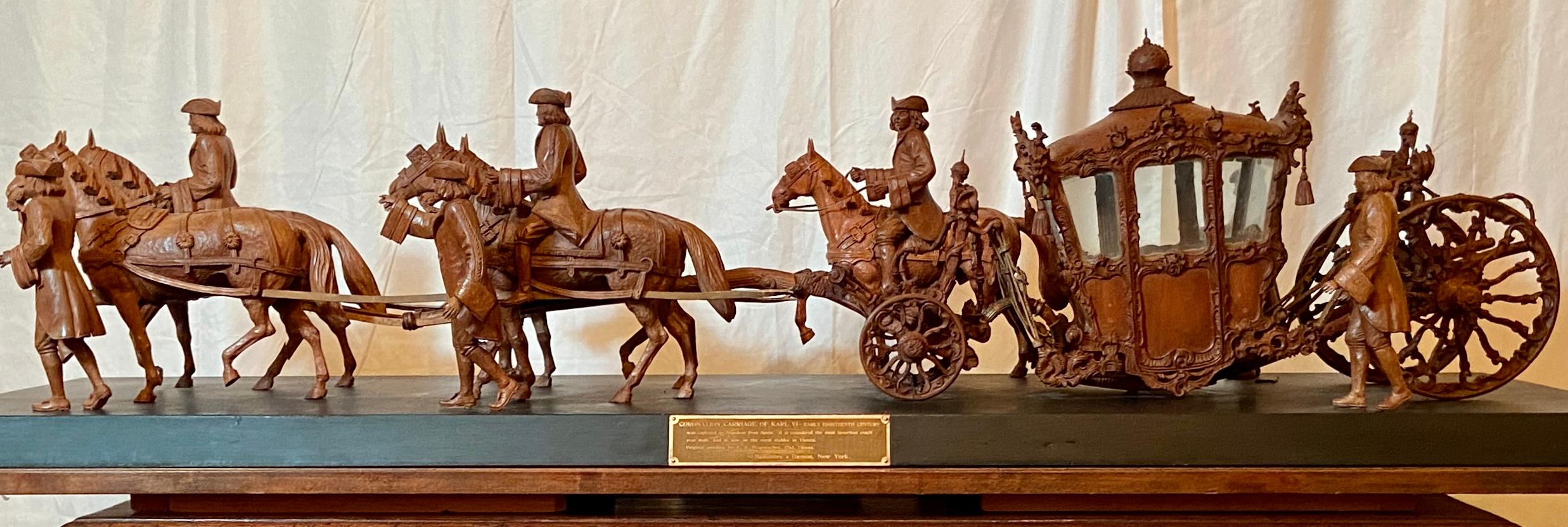 Estate American Intricately Carved Walnut Museum Maquette / Model of 18th Century Vienna Coronation Carriage. Designed and Constructed by the firm Messmore and Damon, New York. This is a superbly crafted model of the coronation carriage of Emperor